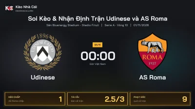 Soi kèo Udinese vs AS Roma 0h00 ngày 1/11 Giải Serie A 2026/27 Vòng 10