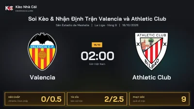 Soi kèo Valencia vs Athletic Club 2h00 ngày 18/10 Giải La Liga 2026/27 Vòng 9