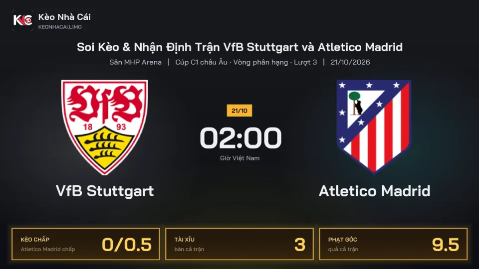 Soi kèo VfB Stuttgart vs Atletico Madrid 2h00 ngày 21/10 Cúp C1 Châu Âu 2026/27 Vòng phân hạng Lượt 3