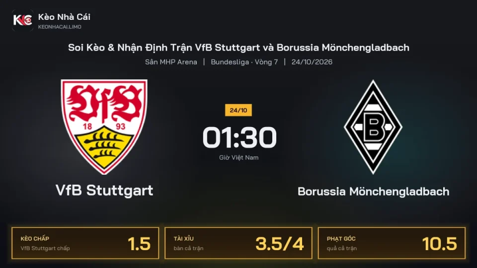 Soi kèo VfB Stuttgart vs Borussia Mönchengladbach 1h30 ngày 24/10 Giải Bundesliga 2026/27 Vòng 7