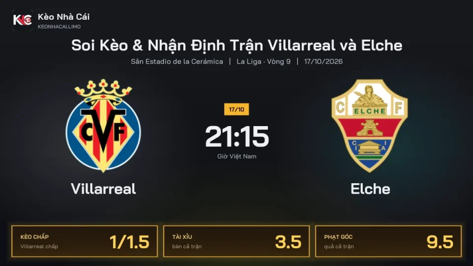 Soi kèo Villarreal vs Elche 21h15 ngày 17/10 Giải La Liga 2026/27 Vòng 9